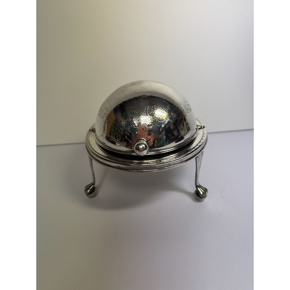 Vintage English Silver Plate Roll Top Revolving Dome Butter Dish with Glass Inse